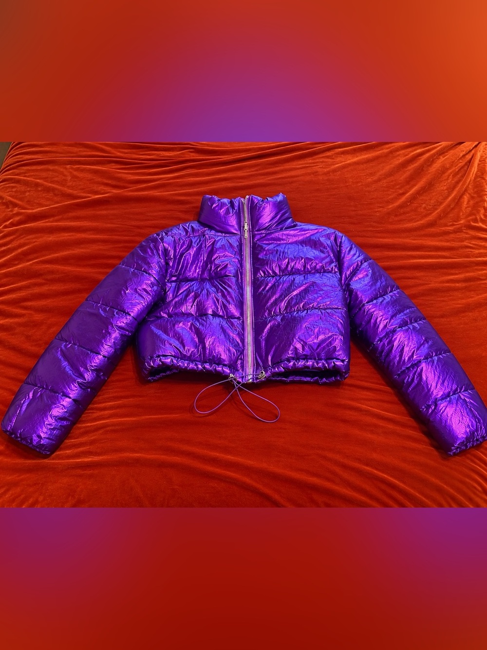 Fashion Nova Metallic Purple Cropped Puffer Bubble Jacket Size Medium